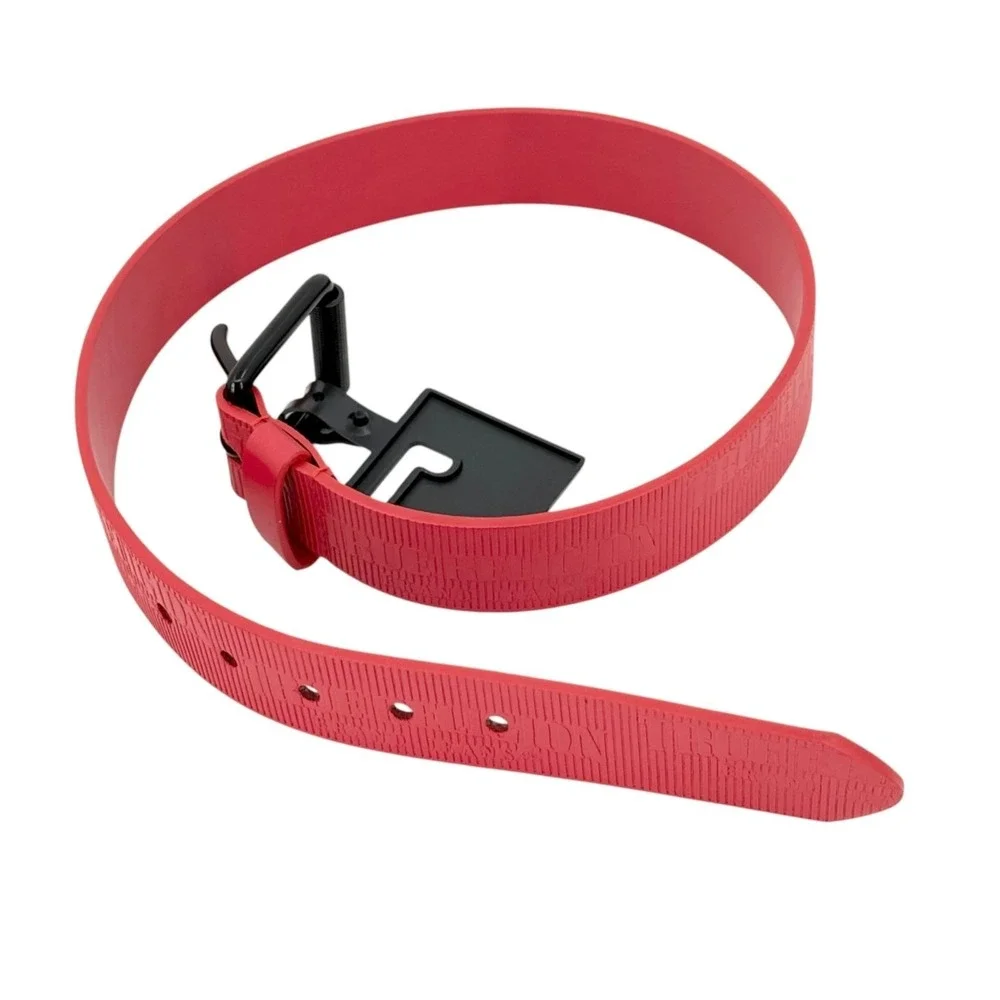 True Religion Mens Red Belt Textured Logo Roller Buckle Faux Leather Size 28 NWT